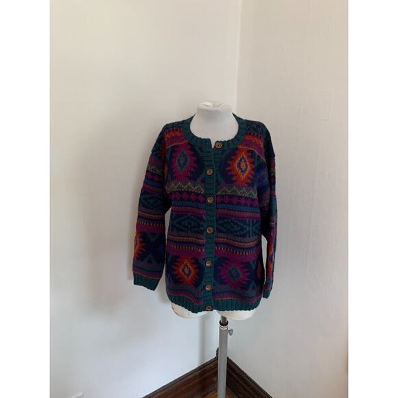 Y2K VTG Nomadic Traders Cardigan Sweater Geometric Aztec Knit Boho Wool Peru - Picture 12 of 15
